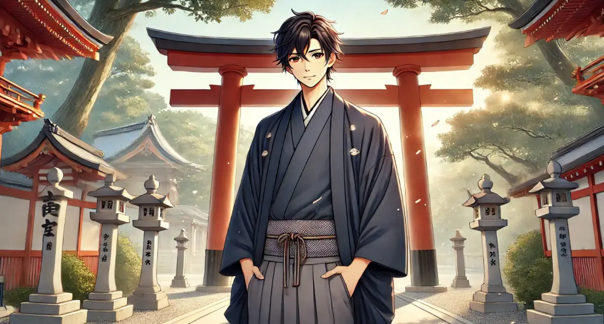 神社の鳥居を背景に、正しい右前（みぎまえ）で着物を着た男性のアニメ風イラスト。落ち着いた和の雰囲気と所作が特徴。