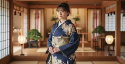 伝統的な結婚式場の和室で、フォーマルな着物を着て上品に微笑む、ボブヘアの日本人女性