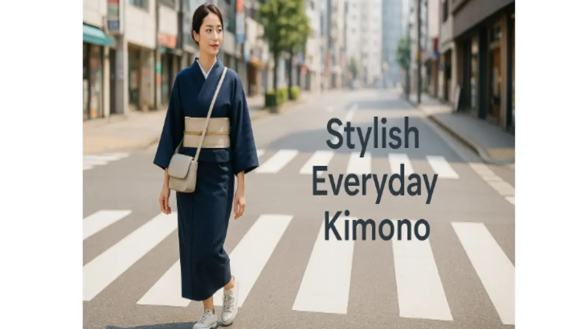 普段着として楽しむ着物コーディネート 現代の街並みに馴染む普段着着物コーデ、紺の木綿小紋に半幅帯とスニーカーを合わせた実用的スタイル