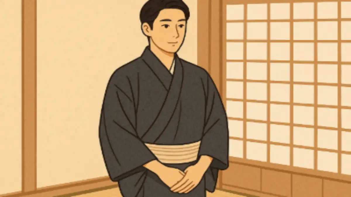 和室で右前の着方をする男性の着物姿。紺色の着物が落ち着いた雰囲気。