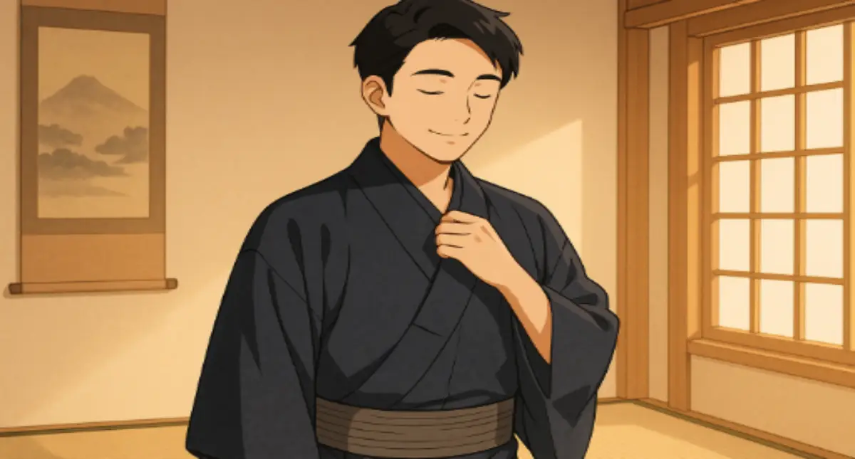 現代的な和室で右前（みぎまえ）の正しい着方をした男性の着物姿。柔らかな光と落ち着いた雰囲気のイラスト。