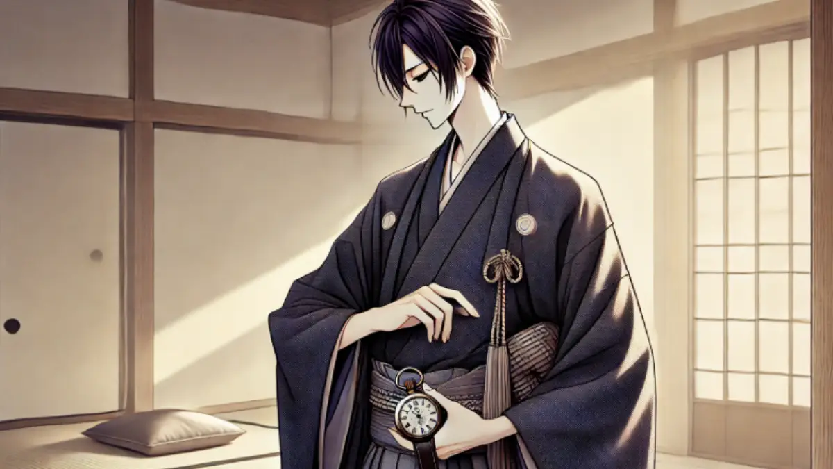 着物×懐中時計│和装に似合うアニメスタイル男性コーデ アニメ風の日本男性が着物に懐中時計を合わせたスタイルのイラスト