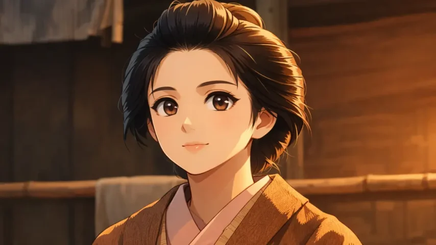 ばけばけ着物半衿を強調した明治風の着物女性をアニメタッチで描いた横長アイキャッチ画像。衿元の半衿と柔らかな光の演出が特徴。
