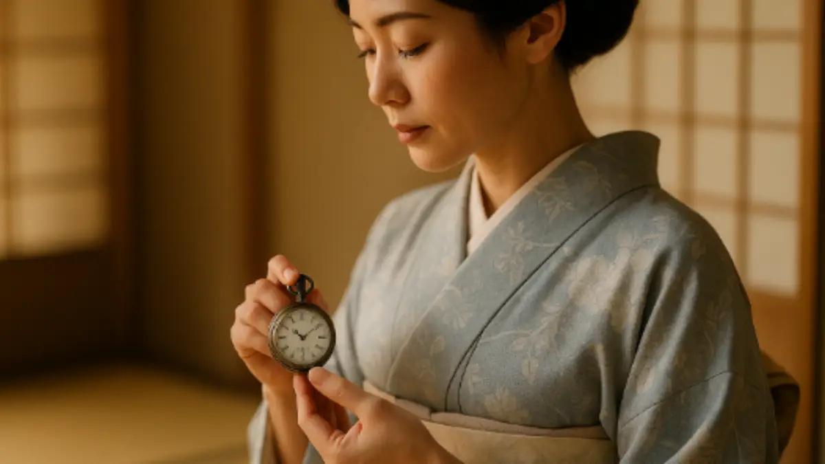 着物に合う懐中時計 上品スタイル 和室で懐中時計を手にする着物女性の上品な横長ポートレート