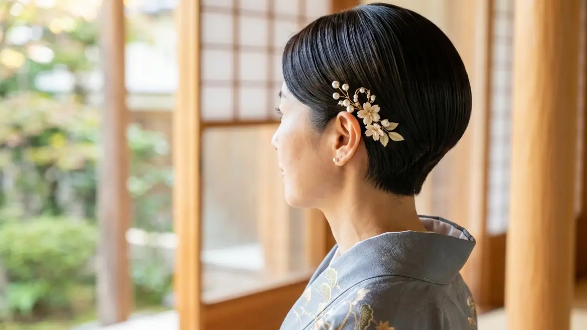 着物に似合うベリーショートヘアの上品な和装スタイル