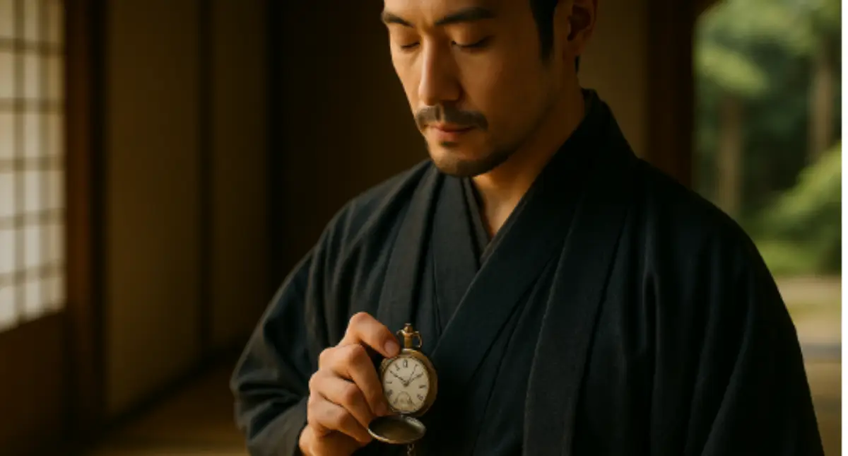 男性着物に合う懐中時計コーディネート 濃紺の着物と袴を着た男性が帯のそばで懐中時計を手にしている和装ポートレート