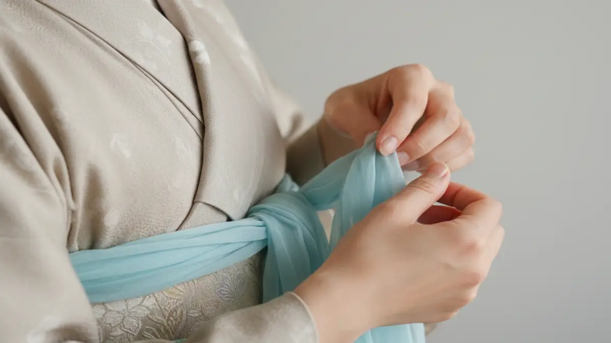 100均スカーフを帯揚げ代用として帯に差し込む手元の動きを示す写真