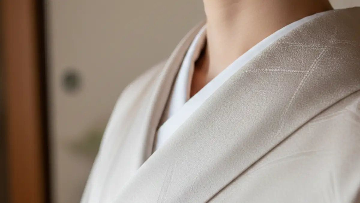 ばけばけの着物着付けに見られる明治風の襟元。半衿が広く見えるディテールを捉えたクローズアップ