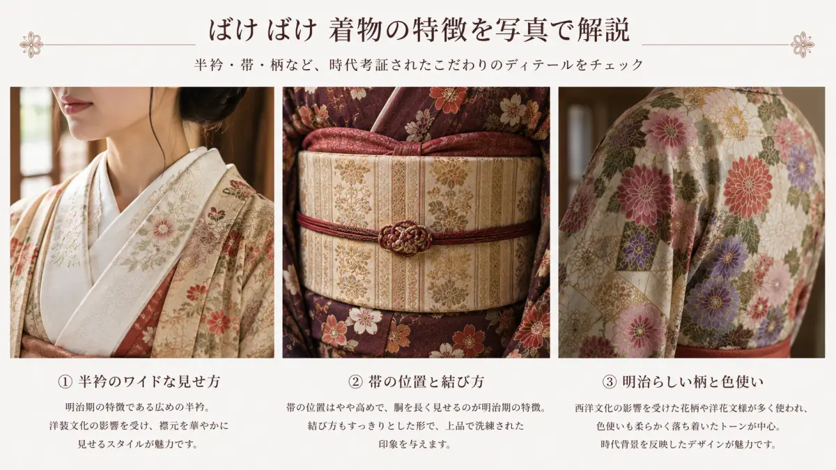 ばけ ばけの着物に見られる半衿、帯結び、明治風の柄を比較した解説画像