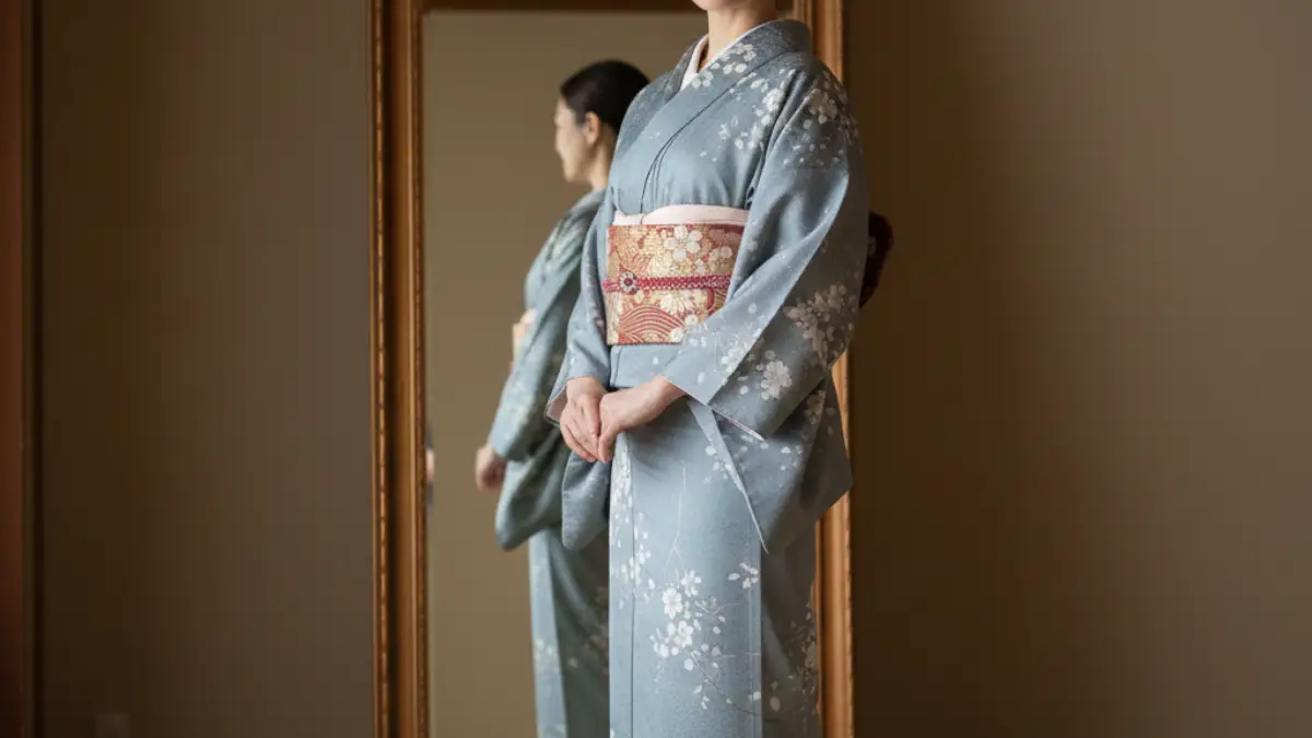 帯結びの中心と水平をチェックして整えるイメージ