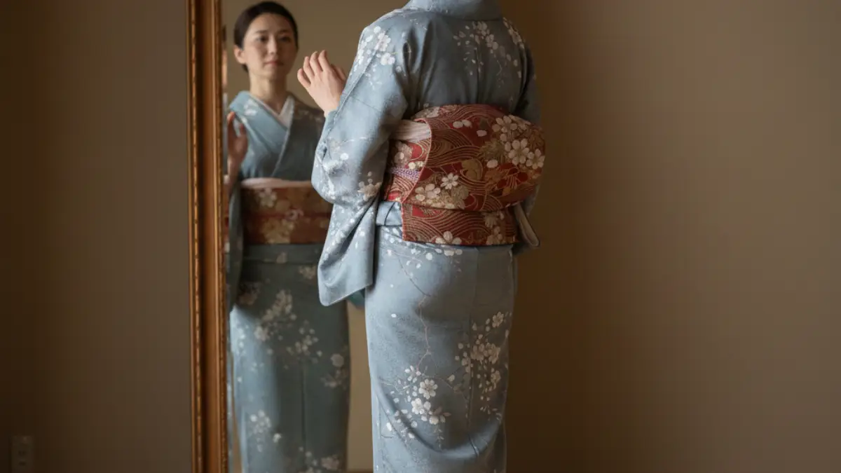 着物の帯結びがおかしいか不安になって確認している初心者のイメージ