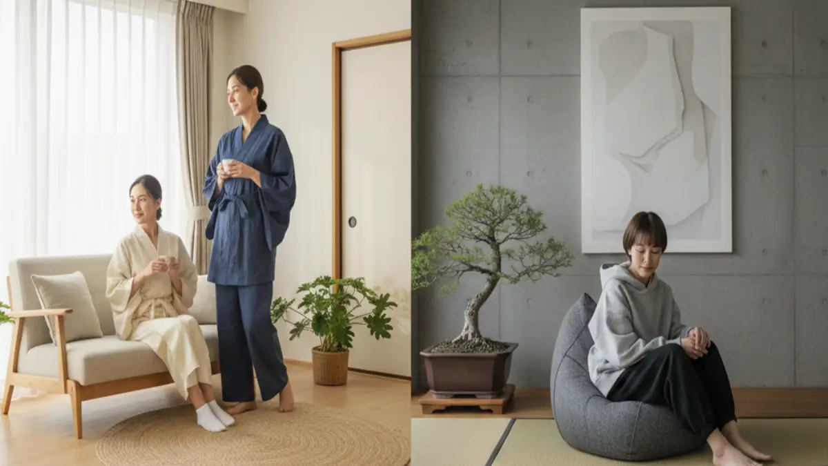 自宅のリビングで着物部屋着を着てくつろぐ女性の様子