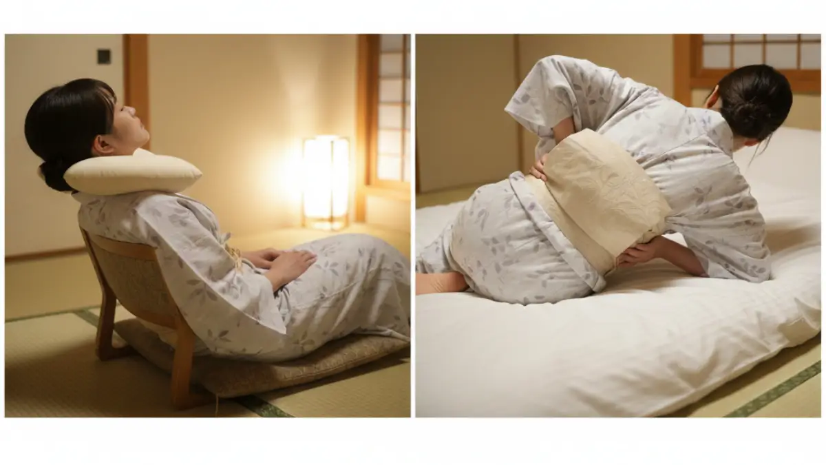 着物で短時間仮眠するコツ 着物姿で椅子にもたれて短時間だけ仮眠するシーンのイメージ
