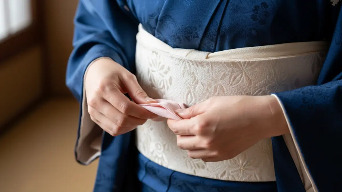 帯揚げかもめ結びを手元で整える様子。指先で布のカーブを作り帯の中へ入れ込む手順