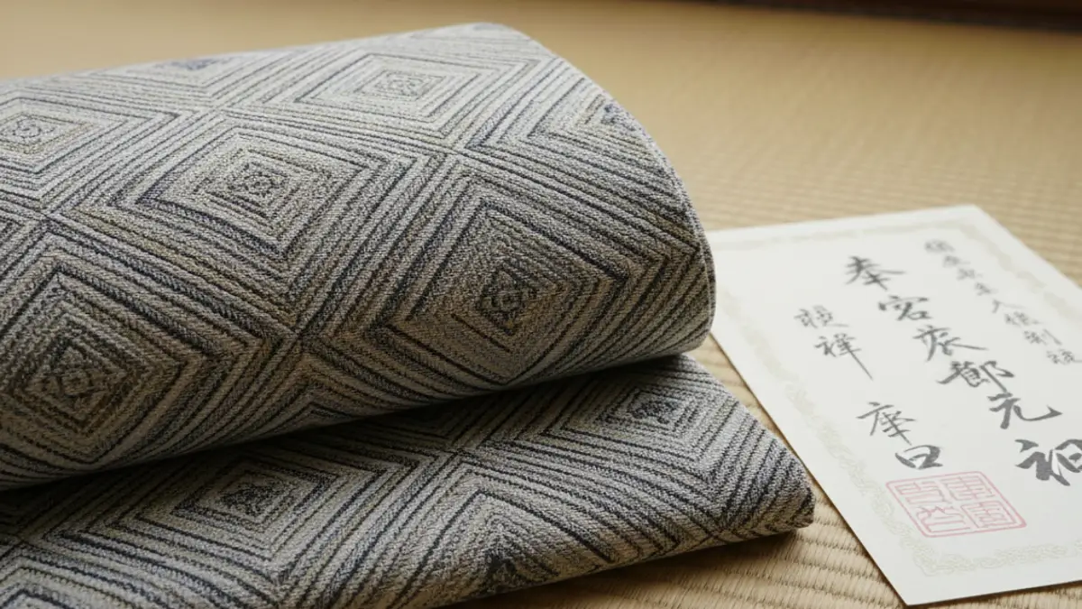 古着屋でリサイクル着物を選ぶ女性と色とりどりの着物の並ぶ棚の写真