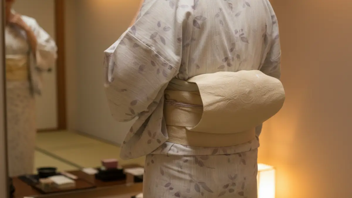 旅館の浴衣で寝る時のマナー 旅館の浴衣で就寝前に帯を調整してくつろぐマナーのイメージ