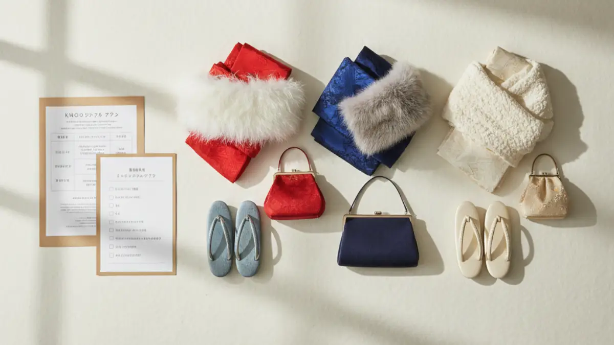 京都きもの友禅の振袖レンタル料金を総額で比較検討するためのチェック項目と小物のイメージ