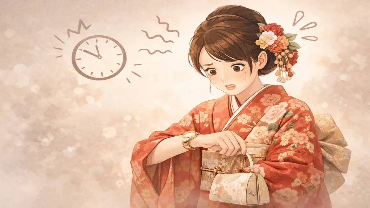 振袖レンタルで起こりやすい失敗 成人式当日に時間に追われて慌てる振袖姿のイメージ
