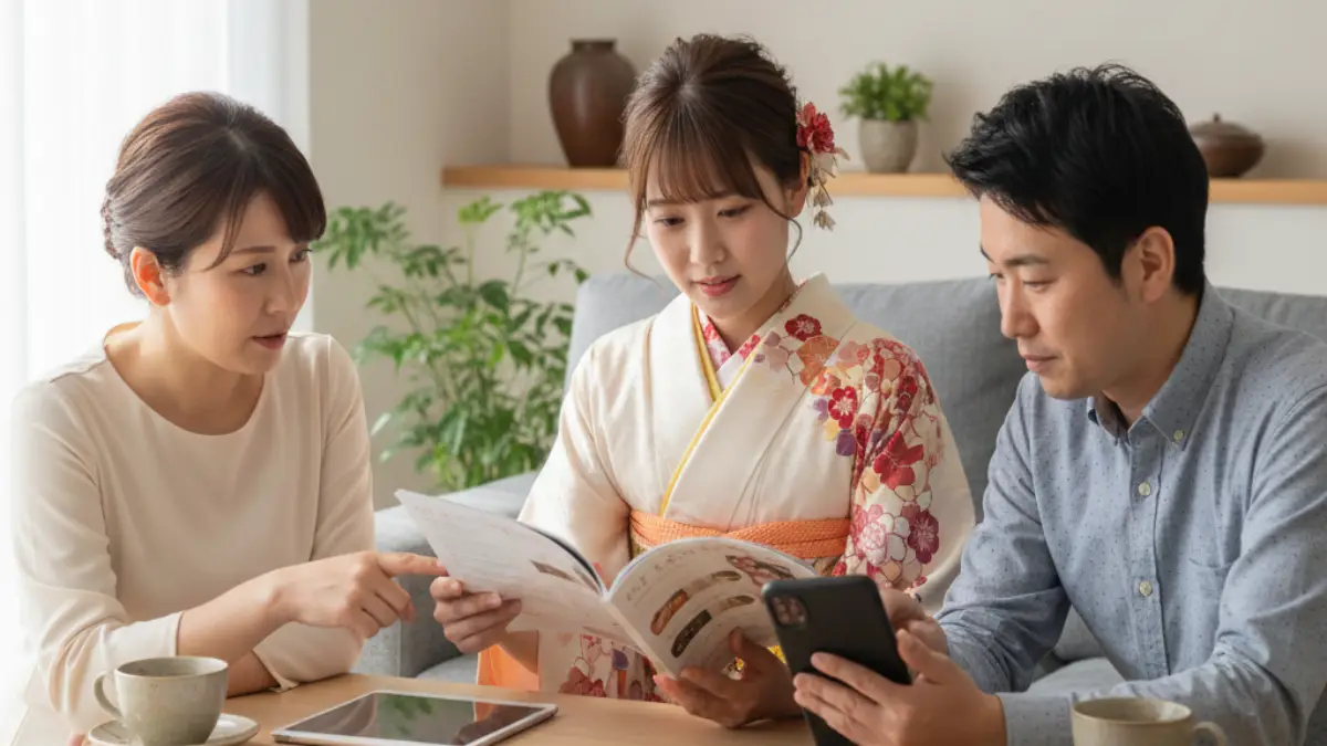 振袖レンタル相場に迷う人のイメージ 振袖レンタル相場を調べながら家族と相談して迷うイメージ