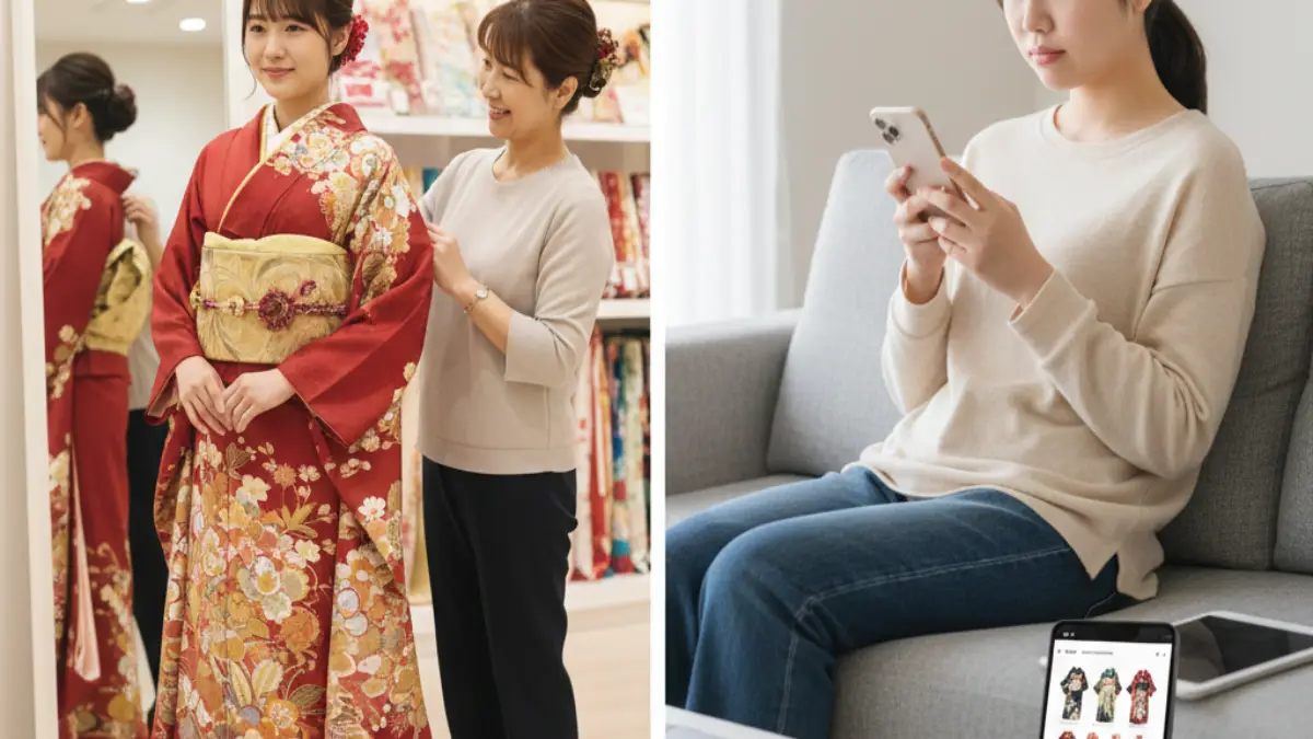 店舗型とネット振袖レンタルの違い 店舗型とネットの振袖レンタルを比較するイメージ