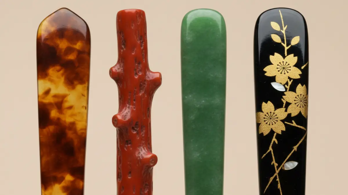 鼈甲・珊瑚・翡翠・蒔絵のかんざし素材比較