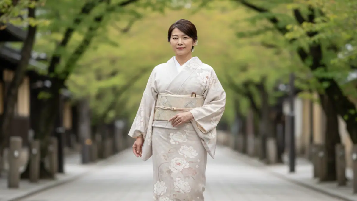 牡丹柄の着物を着た女性の全身イメージ