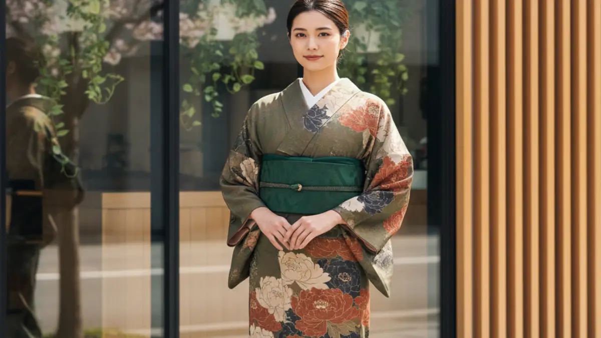 牡丹柄の着物を着た女性の正面カット