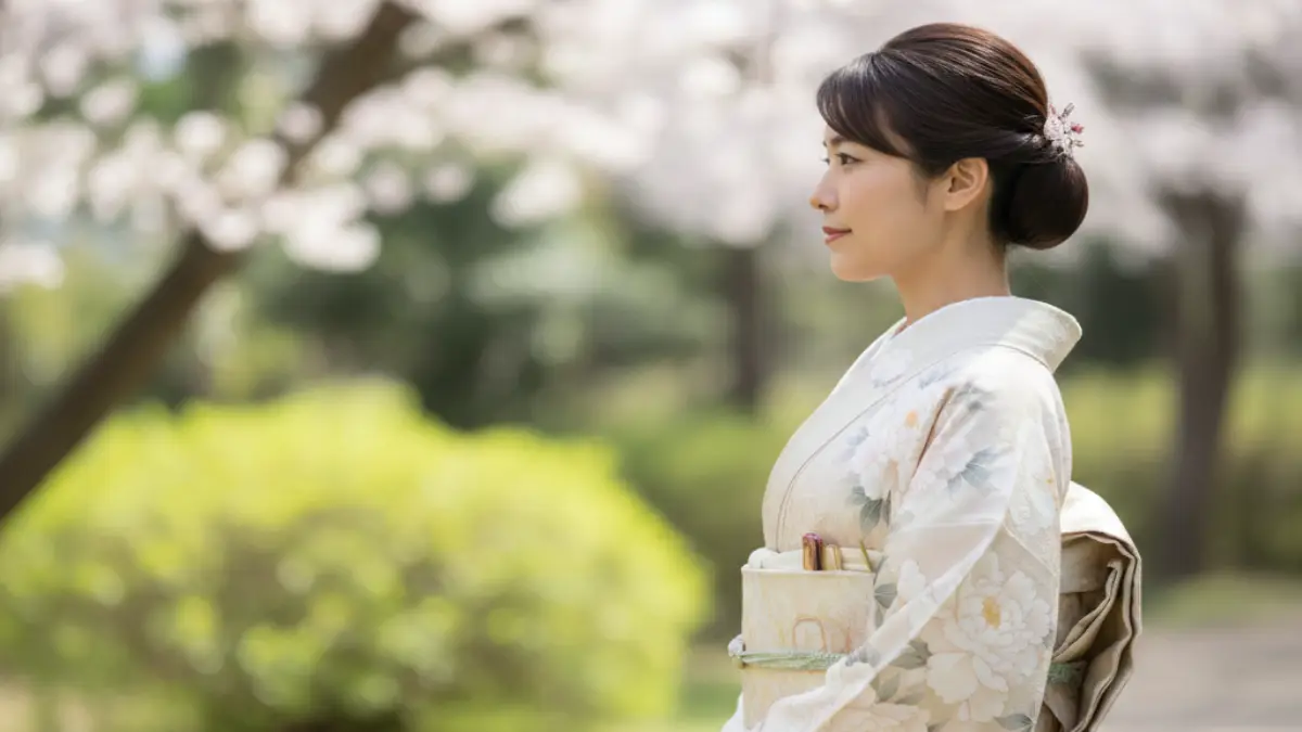 春の庭園を背景にした着物姿の女性