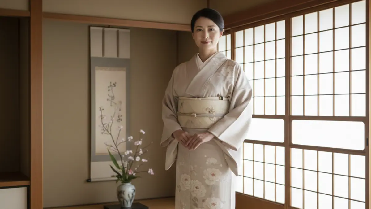 和の空間で着物を着る女性の後ろ姿