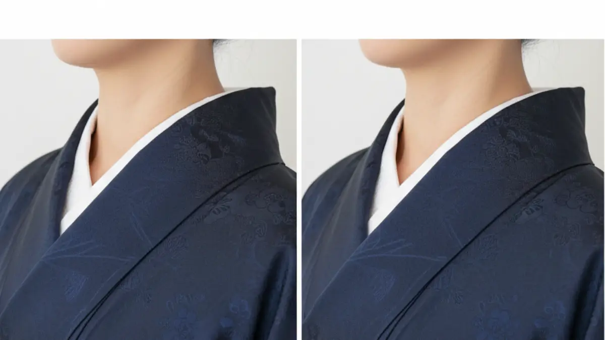 着物の襟元が詰まっている状態と整っている状態の比較