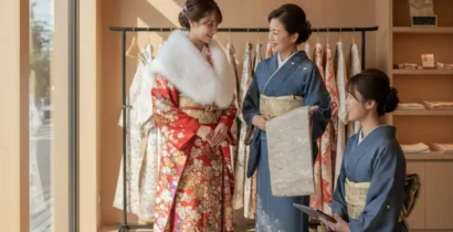 京都きもの友禅で振袖レンタルを検討する親子のイメージ