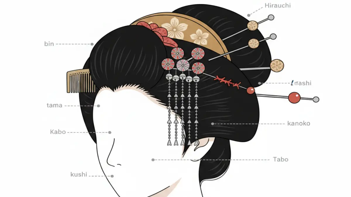 日本髪に挿す昔のかんざしの配置イメージ
