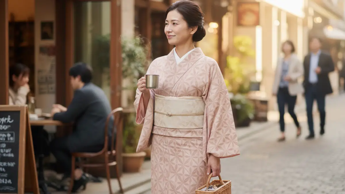 普段着としてのポリエステルの着物 大人がポリエステルの着物を普段着として自然に着用している様子