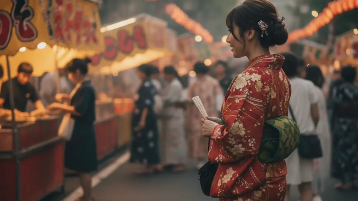 アームバンドで浴衣の袖口を自然に固定する様子