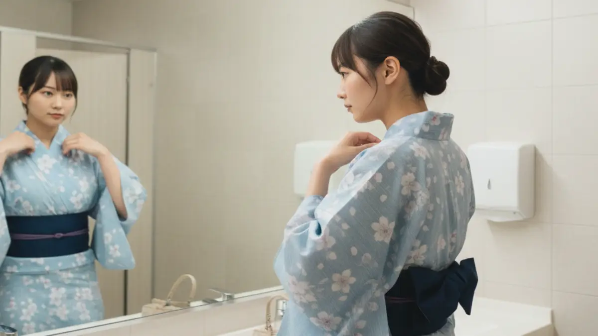 外出先で浴衣の衿合わせを直している様子