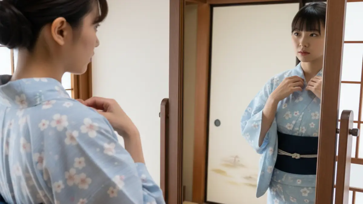 鏡で浴衣を見ると左右が反転して見える様子