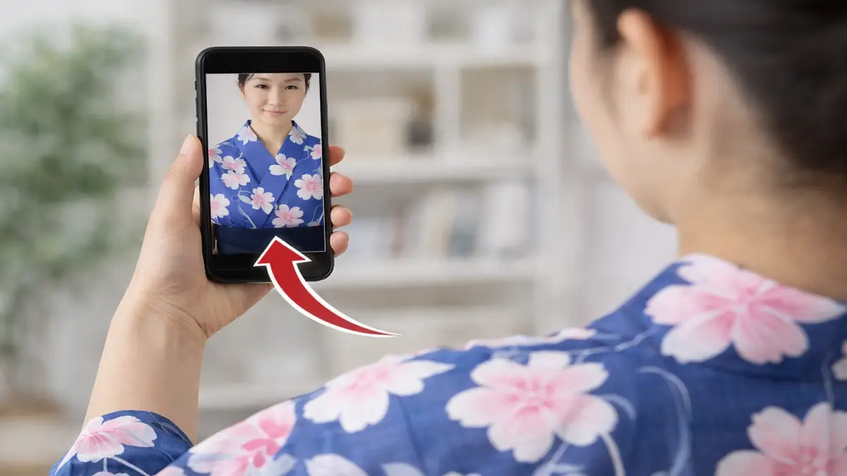 浴衣姿をスマホで自撮りすると左右が逆に見える様子