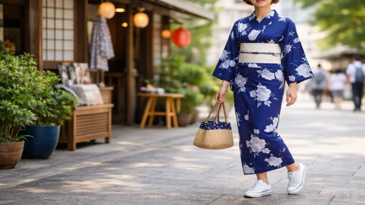 シンプルな浴衣とスニーカーの基本コーデ