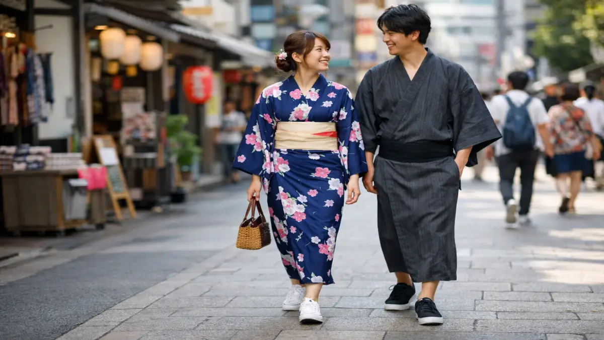 浴衣にスニーカーを合わせて街を歩くカップルの現代的コーデ