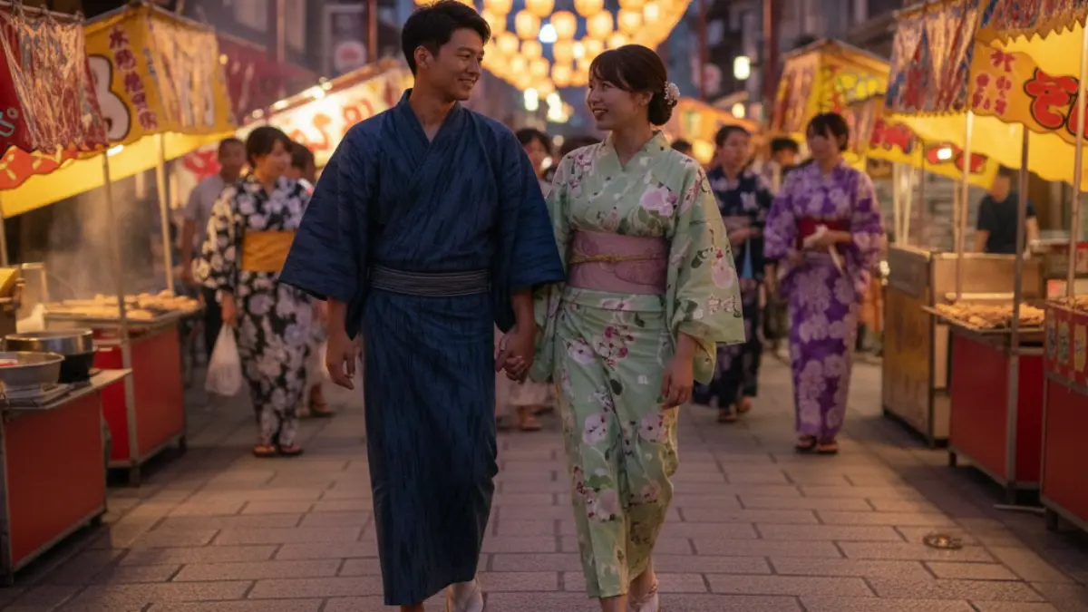 浴衣とスニーカーを合わせたカップルコーデ