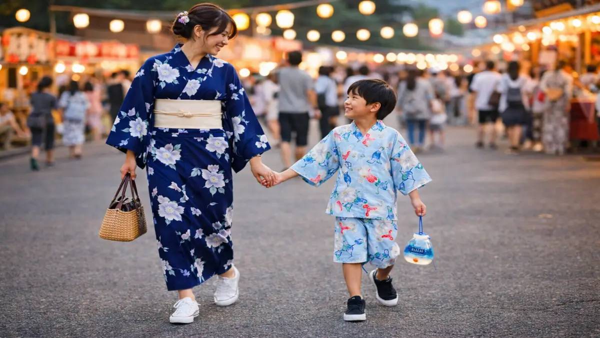 親子で浴衣とスニーカーを合わせた夏祭りコーデ