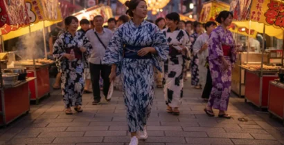 浴衣にスニーカーを合わせた花火大会コーデ例