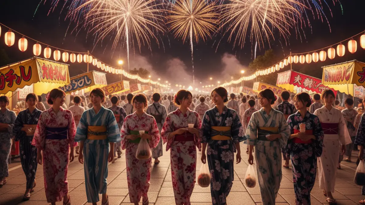 花火大会で浴衣にスニーカーを合わせて歩く様子