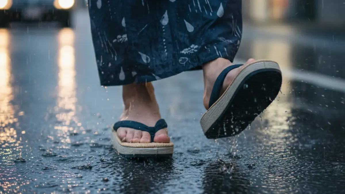 雨の日に浴衣で草履を履いて歩く足元のイメージ画像