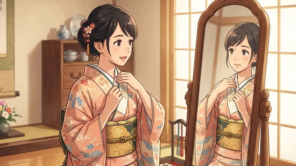 鏡の前で半衿を整える日本人女性の着物姿