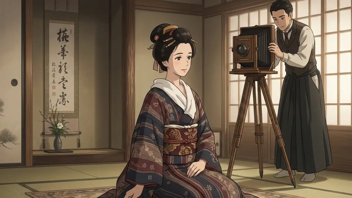 明治時代風着物で半衿が広く見える日本人女性イメージ