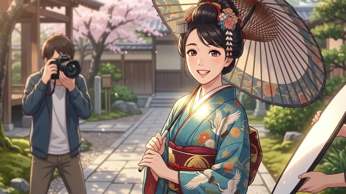 撮影光で半衿が広く見える日本人女性の着物姿