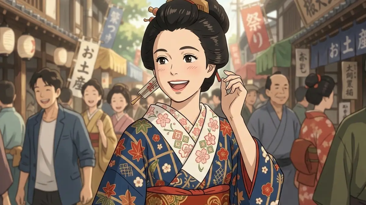 ばけばけ半衿が広く見える日本人女性の着物姿イメージ