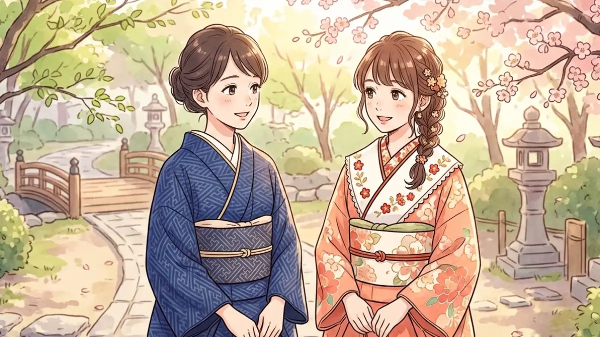 半衿の幅を比較する日本人女性の着物姿