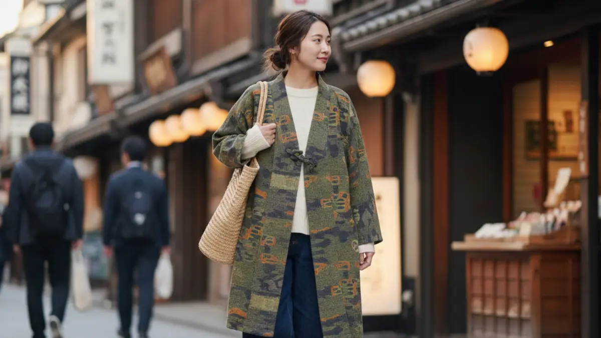 街歩きで道中着を着たカジュアルな着物姿の女性
